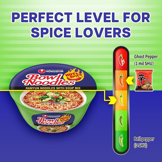 Nongshim Ramen Noodles, Gourmet Instant Ramen bowl, Premium Microwavable Noodle Soup, Hot & Spicy, 3.03 Ounce (Pack of 6)