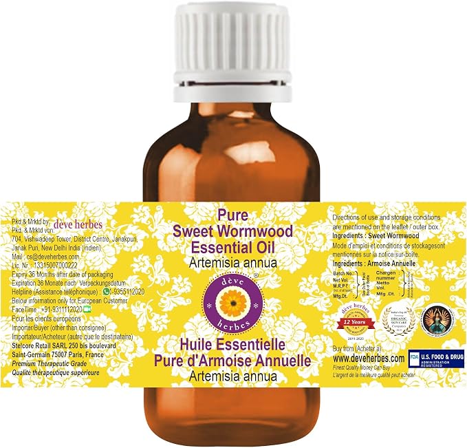 Deve Herbes Pure Sweet Wormwood Essential Oil (Artemisia annua) with Glass Dropper Steam Distilled 100ml (3.38 oz)