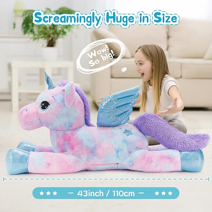Tezituor 43 Inch Rainbow Purple Unicorn Stuffed Animal with Wings, Giant Stuffed Unicorn Plush Toys for Girls Kids Boys Women,Soft Plushie Gifts for Valentines Day,Christmas, Birthday Party