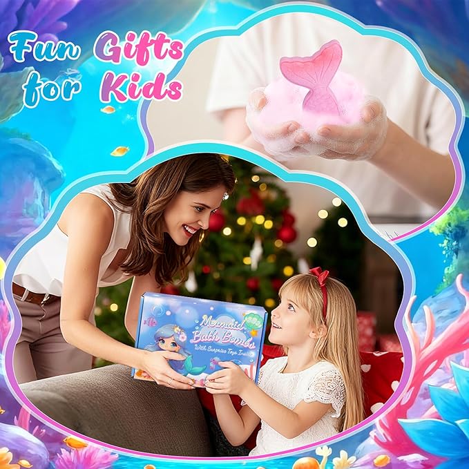 Kids Bath Bombs with Surprise Inside, 6PCS Mermaid Bath Bombs for Kids, Organic Essential Oil Bubble Bathbombs Birthday Valentines Gift for 3-8 Girls Princess Party Favors