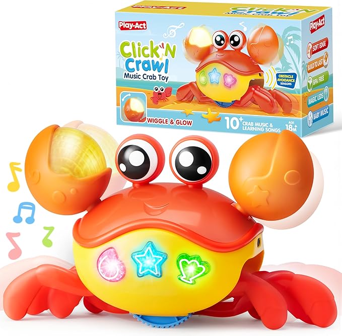 Play-Act Crawling Crab Baby Toy, Interactive Musical Crab with Intelligent Sensor & Auto-Avoiding Obstacles, Tummy Time Toy with Lights and Buttons, Gift for Toddlers Learning to Crawl