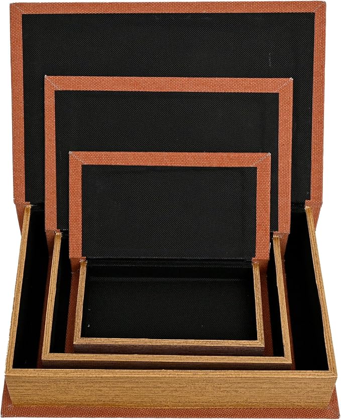 DECOR4SEASON Decorative Book Boxes Set of 3 – Modern Faux Linen & Wood Hidden Storage for Coffee Table – Stackable Fake Books for Shelf Decor, Remote Control & Jewelry Organizer (Rust Brown)