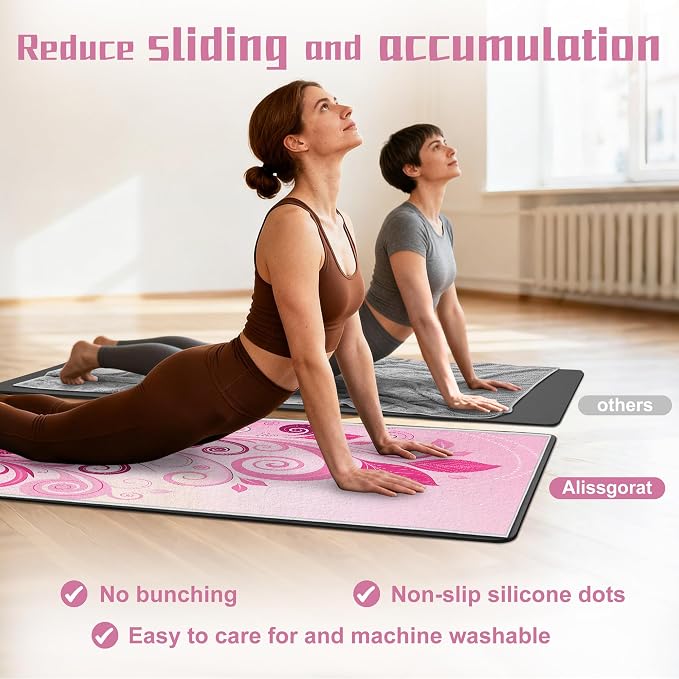 Hot Yoga Towel Non Slip, Ultra-Absorbent Yoga Mat Towel, Soft with Printed Design, Machine Washable, Yoga Pilates Towel Suitable for Exercise, Pilates, Yoga, 72x27in,Pink Plants