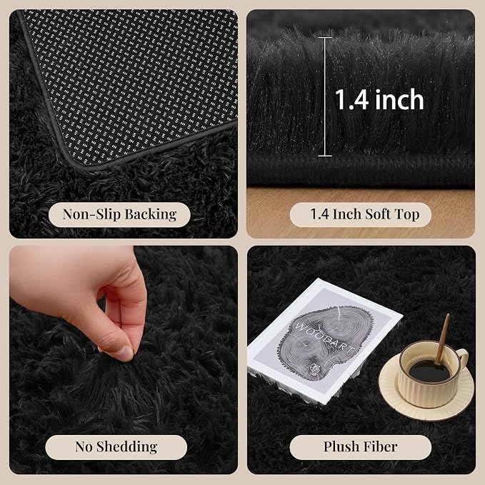 Area Rug for Living Room Bedroom: 4x6 Black Soft Fluffy Shag Upgrade Non-Slip High Pile Carpet Large Fuzzy Plush Indoor Floor Decor Shaggy Rug for Kid Boys Girls Dorms Playroom Nursery Modern Home