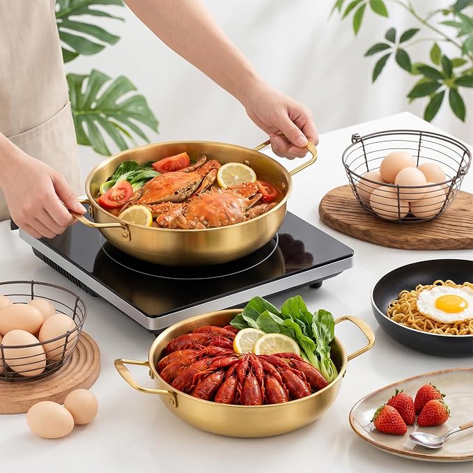 3 Pack Korean Ramen Noodle Pot with Handles, Korean Ramen Pot for Stove, Stainless Steel Everyday Pan, Golden Soup Pots, Golden Koreans Cooking Pots for Soup, Noodle, Pasta, 7.2", 8.4", 9.2"