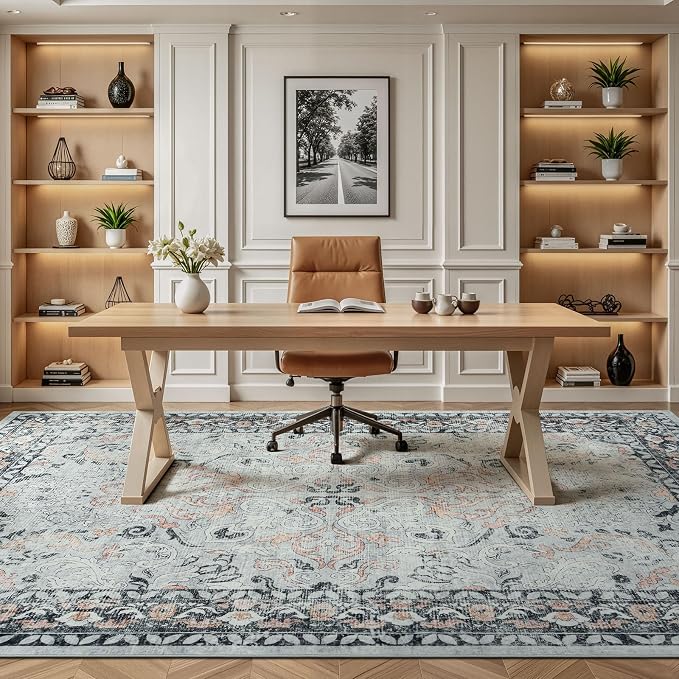 8x10 Area Rugs for Living Room Washable Non-Slip Large Carpet, Grey/Blush | Soft Area Rug for Bedroom Dining Room Home Office Indoor Nursery, Stain Resistant, Low Pile, Vintage Distressed Rug