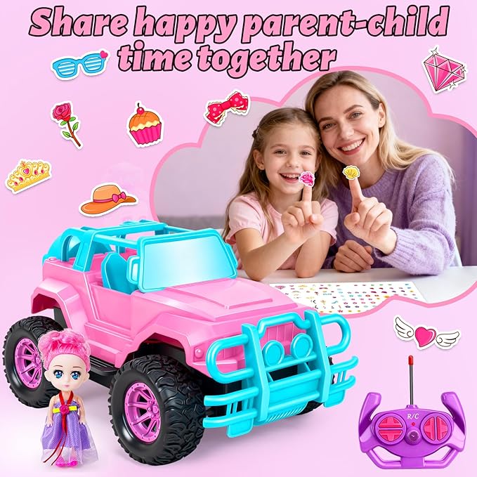 YongnKids Remote Control Car for Kids, 1:20 Scale Rc Trucks for Girls Age 4-7, Pink Rc Cars Toys for Ages 5-7 8-13 Boys Girls Birthday Gift, Off Road Trucks with Mini Doll & DIY Sticker