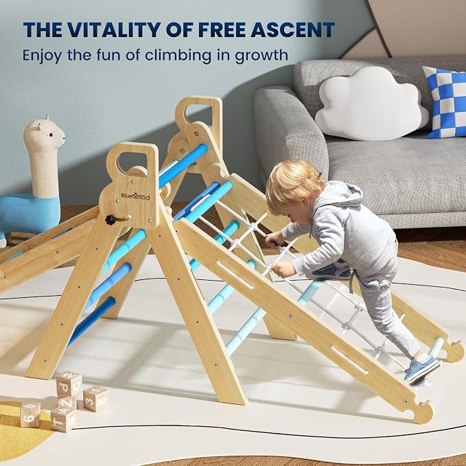BlueWood 2025 8-in-1 Pikler Triangle Climbing Set Toddler Toys Indoor Baby Jungle Gym Climber Playground for Kids - Sky Blue
