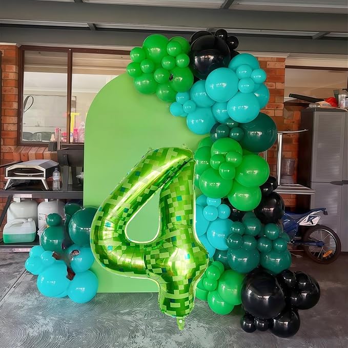 Number 4th Birthday Balloon Lime Green Pixel, 40 Inch Large Dark Kelly Green Number 4 Foil Balloons for Boys Four Year Old Birthday Video Game Forest Golf Theme St. Patrick's Day Party Decorations