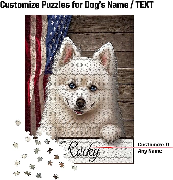 Custom Wooden Jigsaw Puzzles with Your Dog's Name on American Eskimo Art Print - 300 500 1000PCS Puzzles Game and Home Wall Decor