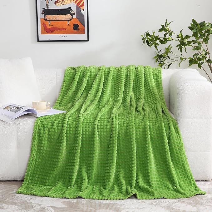 Puncuntex Fleece Throw Blanket Apple Green 60"×80" with Square Grid Design | Super Soft Plush Cozy Flannel Throw Blanket Luxury for Couch Sofa Chair