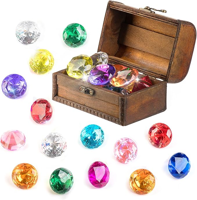 Diving Gem Pool Toy 15 Big Colorful Diamond Set with Big Treasure Chest Pirate Box Underwater Gem Diving Dive Throw Toy Set Swimming Training Gift Toy