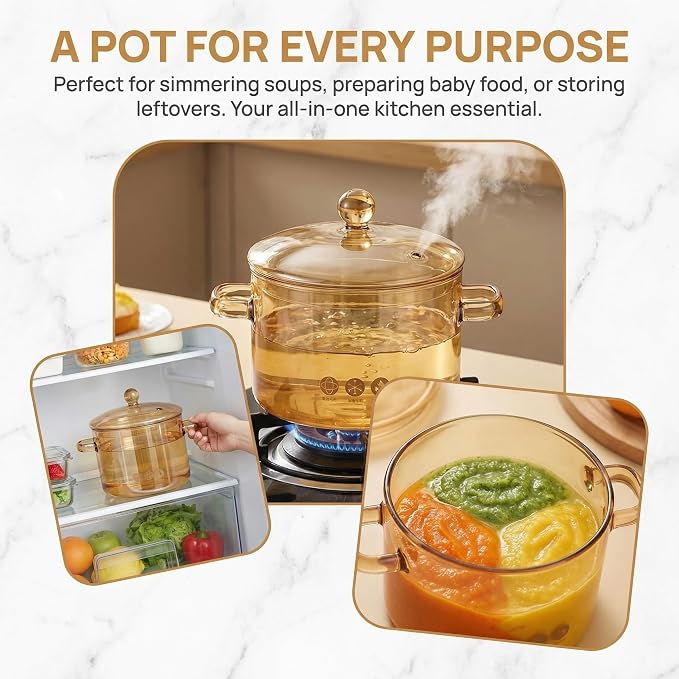 TOYANDONA High Borosilicate Glass Soup Pot with Lid Double Ear Noodle Pot Korean Ramen Stew Cooking 7.87X6.69X5.90In Heat Resistant Stockpot for Home Kitchen Family Gatherings
