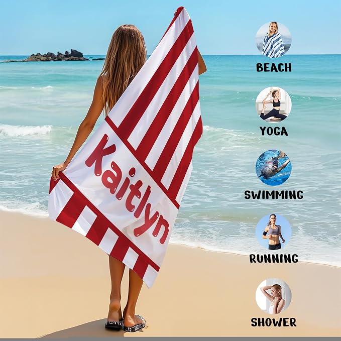 JML Personalized Beach Towel with Name, Custom Cabana Stripe Beach Towel, Customized Microfiber Pool Towel, Quick Dry & Absorbent Swim Towel for Adult,Anniversary, Birthday, Summer Holiday,Vacation