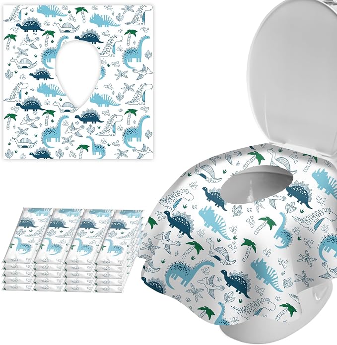 20 Pack Toilet Seat Covers Disposable for Bathroom, Extra Large XL Size Waterproof Covers for Toddler Potty Training, Individually Wrapped Portable for Adults Kids Travel Trip Airplane -Dinosaur