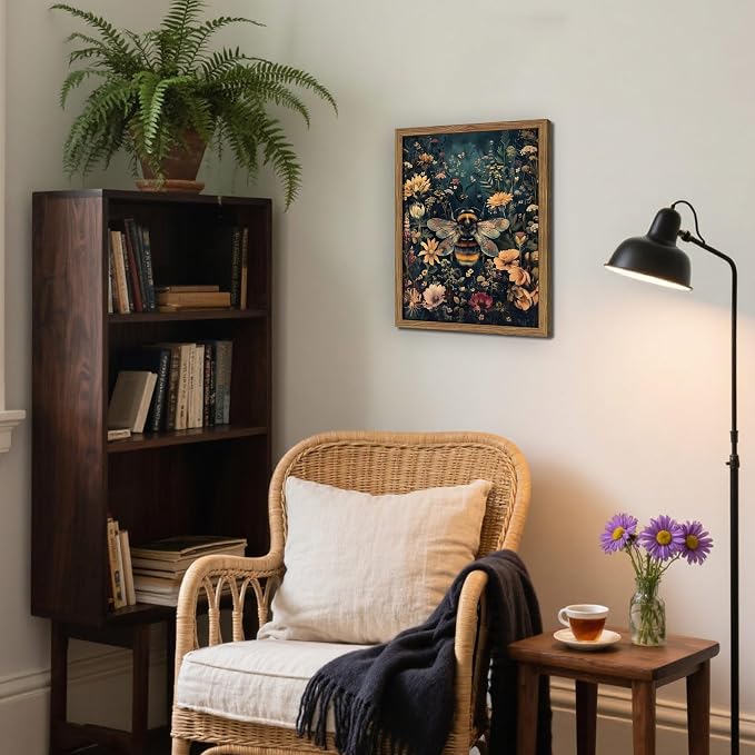 Vintage Framed Wall Art Bee Canvas Prints, Dark College Animals Flowers Wall Decor, Nature Botanical Pictures Art Home Decor for Living Room Bedroom – Dark Wooden Frame 16x24in