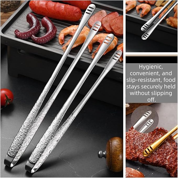 2 Pcs (11 In & 9.45 In) Bbq Tongs – Korean Barbecue & Grill Tools,Kitchen Tongs, Stainless Steel Heavy Duty For Cooking, Meat, Bread & Ice, Clip Head Hollow Design