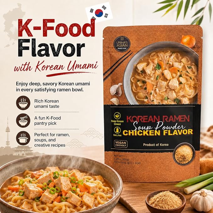 Korean Chicken Ramen Soup Powder - Instant Ramen Soup Seasoning Chicken Flavor, Umami Flavor, 5.29oz pack, product of Korea | korean chicken ramen seasoning, vegan soup powder, 5.29 oz pouch, no msg, mild umami broth, noodles rice hot pot