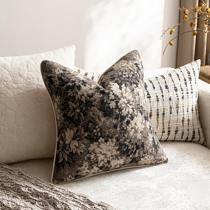 Pack of 2 Vintage Floral Throw Pillow Covers 18x18 Boho Farmhouse Accents Chenille Square Decorative Pillow Cases for Living Room Couch Bed Home Decor, Taupe
