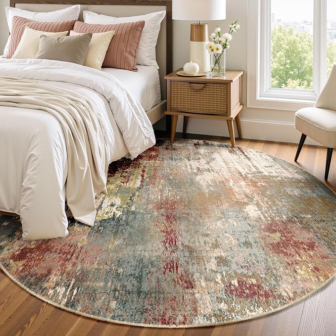 RELEANY Washable Round 6ft Area Rug for Living Room Rustic Brown | carpet for bedroom, kitchen, office, hallway and entryway, printed pattern, non-slip, soft, stain-resistant, easy to clean