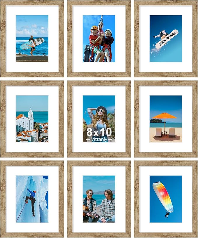 Vittanly 8x10 Picture Frames Set of 9 for Wall Mount & Tabletop, Light Oak | Display Pictures 5x7 with Mat or 8x10 without Mat, Small Photo Frames, Engineered Wood with Shatter Resistant Plexiglass