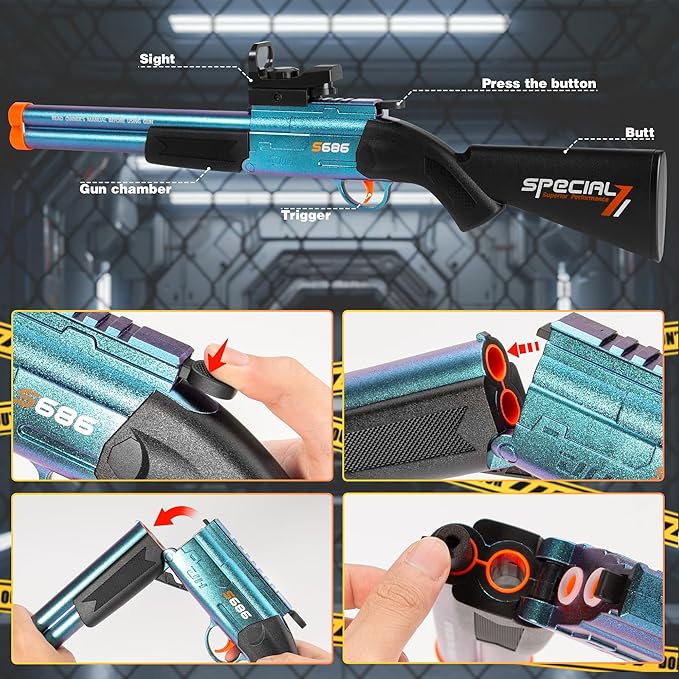 Toy Gun Double Barrel Shotgun Toy,with 20 Soft Bullet Darts, Toy Foam Blaster Foam Dart Blaster with Scope for Kids, Youth, Teen, Boys-Holiday for 8-12 Year (Blue)