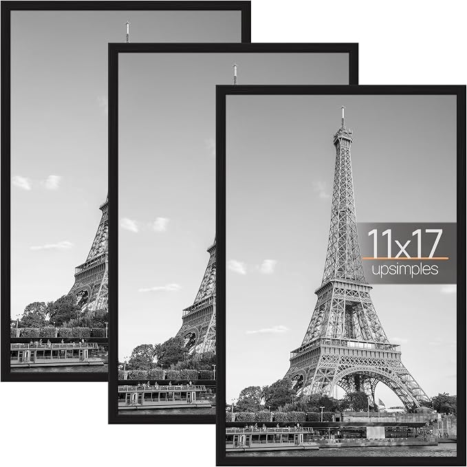 upsimples 11x17 Picture Frame Black 3 Pack, Scratch-Proof 11 x 17 Poster Frames for Photo Gallery - Slide-In Strips, Horizontal or Vertical Wall Mounting | Gallery Wall 11 x 17 Picture Frames Set for Family, Wedding, Christmas, Easy to Change Photos