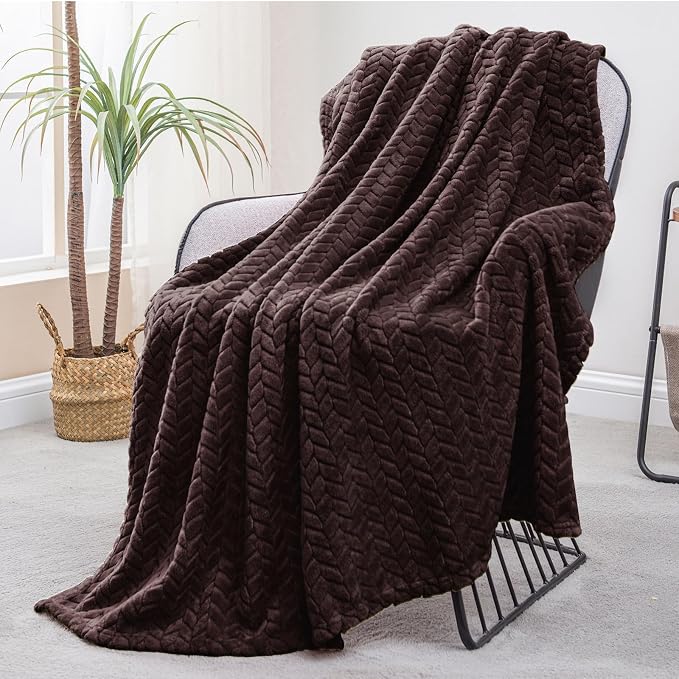 Exclusivo Mezcla Fleece Throw Blanket for Couch Sofa, 50”x70”, Coffee | Oversized Soft Cozy Fluffy Blankets for Summer, Decorative Plush Flannel Throws for Living room, Bedroom with Leaves Pattern