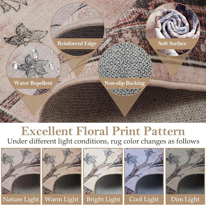 CAPALOCA 6x9 Washable Nursery Girls Low Pile Area Rug Coffeebeige | Non-Slip Soft Rugs for Bedroom Kids Playroom Living Room, Print Pattern Water Repellent Carpet Indoor Decor