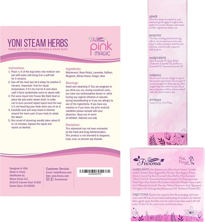 Fivona Yoni Care Kit 5-in-1 V-Steaming Set Includes Sitz Bath Seat, Pink Magic Herbs, Feminine Oil, Herbal Soap, Storage Bag, All Natural Herbal Vaginal Care Set