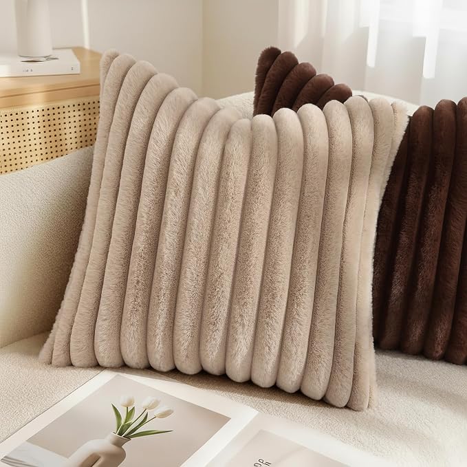 decorUhome Fall Faux Fur Throw Pillow Covers 22x22 Set of 2 Dark Brown | Decorative Soft Cozy Striped Plush Modern Farmhouse Boho Couch Pillow Cases Velvet Back for Sofa Bed Living Room Home Decor