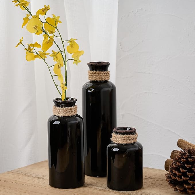 Ceramic Rustic Farmhouse Vase Set of 3,Terracotta Vases for Decor | Antique Black Vase for Your Bedroom,Office,Living Room,Fireplace Decor,Housewarming （10+7.5+5 Inch）