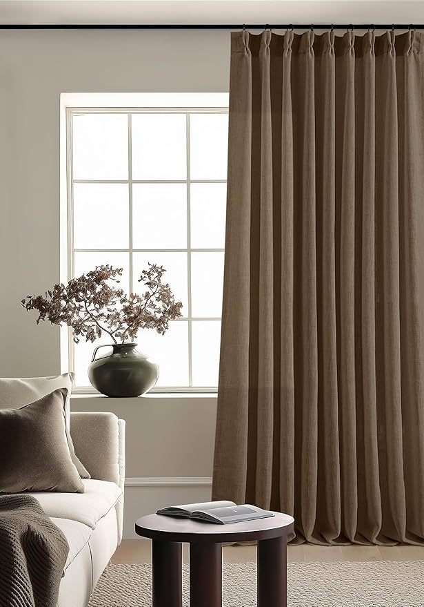 Dutch Cocoa Pinch Pleat Linen Curtains 120 Inches Long 60 Inch Wide 1 Panel | Light Filtering Semi Sheer Privacy, 400GSM Fabric Memory Shape, Pinch Pleated, for Sliding Door Living Room Bedroom, W60xL120