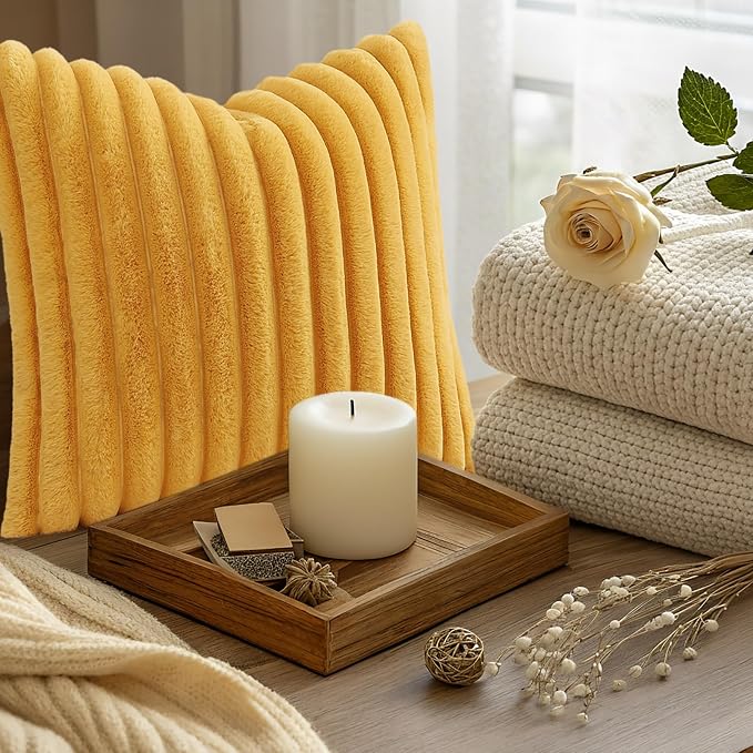 decorUhome Fall Faux Fur Throw Pillow Covers 22x22 Set of 2 Mustard Yellow | Decorative Soft Cozy Striped Plush Modern Farmhouse Boho Couch Pillow Cases Velvet Back for Sofa Bed Living Room Home Decor