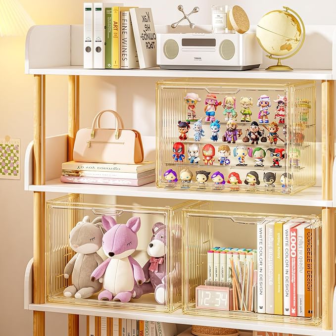 Clear Yellow Acrylic Figure Display Case for Collectibles 4 Layer Hobby Figurine Display Shelf Cases Stackable Display Boxes with Shelves for Pop Mart, Action Figures, Model, 1Pack