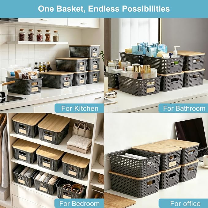 Small Plastic Storage Bins with Bamboo Lids 5.2qt Stackable Box Basket Pantry Decorative Containers Cute with Lable for Organizing Desktop Closet Office Gray of 6 packs 10 * 7.2 * 4.1"