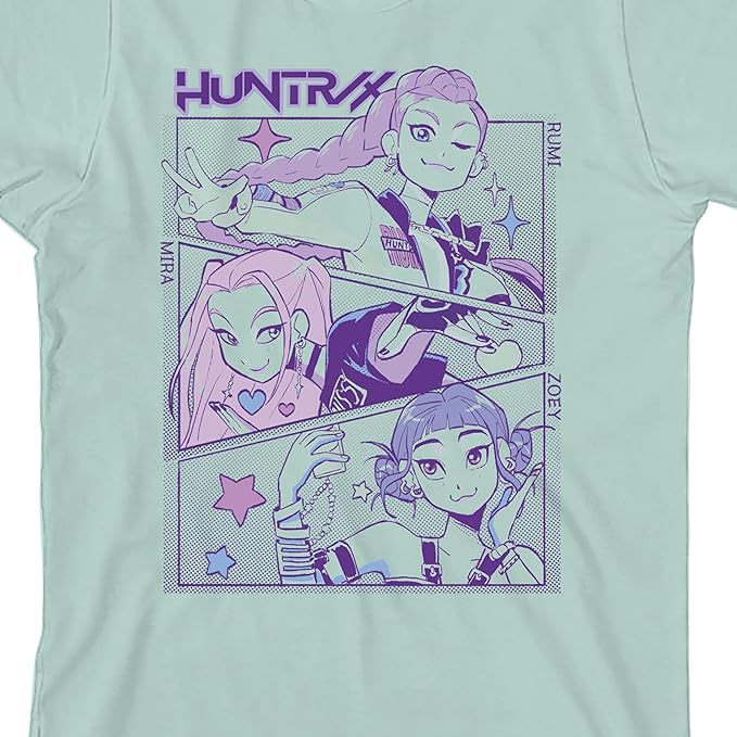 Kpop Demon Hunters Panel Art Huntrx Youth Light Green Crew Neck Short Sleeve T-Shirt