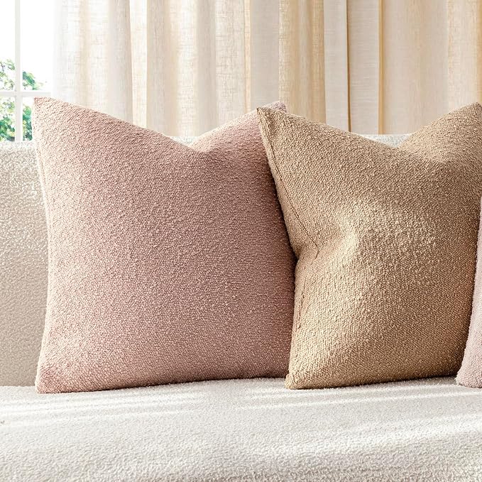 Foindtower Set of 2, Decorative Textured Boucle Throw Pillow Covers Accent Solid Pillow Cases Neutral Soft Couch Cushion Case for Chair Sofa Bedroom Living Room Home Decor 24 x 24 Inch Light Pink