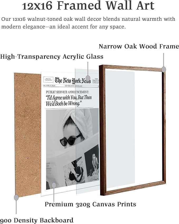 EcoHest 12x16 in Cool Girl Newspaper Framed Wall Art for Bedroom | Walnut Color Solid Oak Frame, Canvas Wall Art, Girly Fashion Magazine Decor for Bedroom, Apartment, Dorm, College Room, 1Pack
