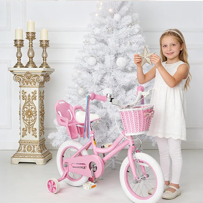 KORIMEFA Girls Bike for Ages 2-8 Years Toddler Kids with Doll Seat, 12 14 16 Inch Bicycle with Training Wheels, Little Small Princess Bicycle with Basket& Streamers, Girls Pedal Bike