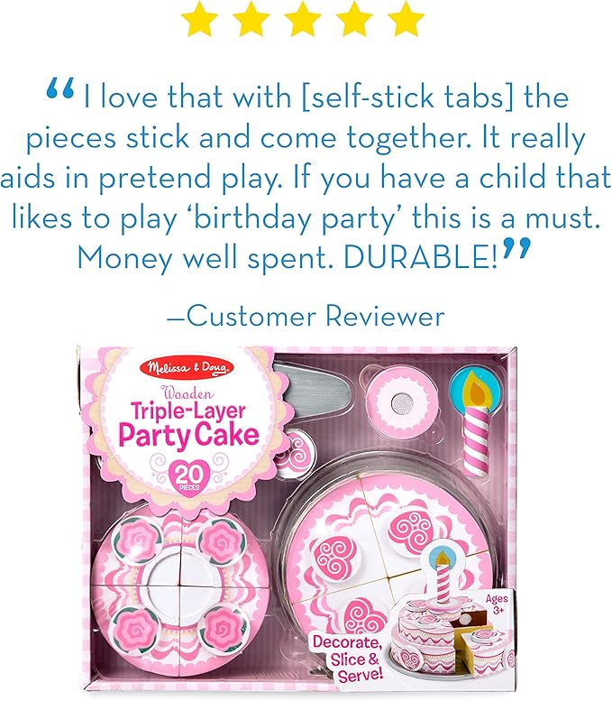 Melissa & Doug Triple-Layer Party Cake Wooden Play Food Set - Birthday Cake Pretend Food Play Set for Toddlers, Kids Ages 3+