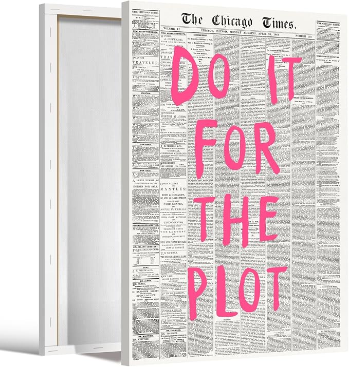 Do It For The Plot Vintage Newspaper Poster Retro Motivational Pink Wall Art Positive Daily Reminder Motivational Quote Print for Bedroom Office Home Decor Aesthetic 12x18inch Wrapped Framed