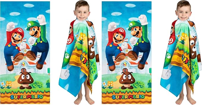 Franco Super Mario Official Nintendo Kids Super Soft Cotton Bath/Pool/Beach Towel,58 in x 28 in,(Pack of 2)