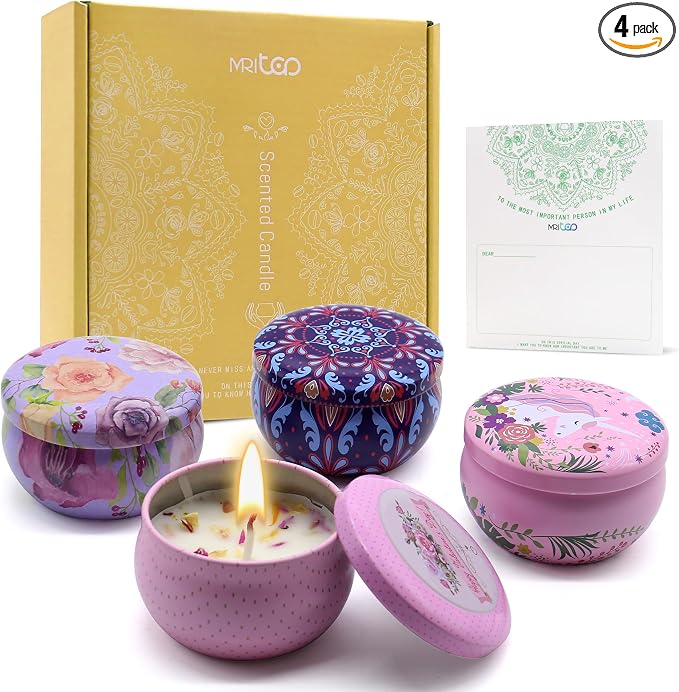Scented Candles Gift Set for Women 4 Pack Soy Wax Candles with Dried Flowers Reusable Tin Aromatherapy Relaxation Gift for Birthday Mothers Day Valentines Day
