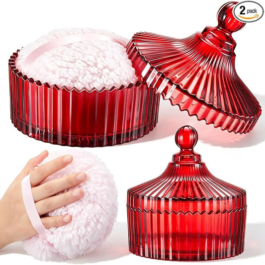 Tioncy 2 Pcs Extra Large Dusting Powder Puff and Container for Women-6'' Glass Crystal Dusting Powder Container with Body Soft Washable Reusable Velour Face(Red,Classic)