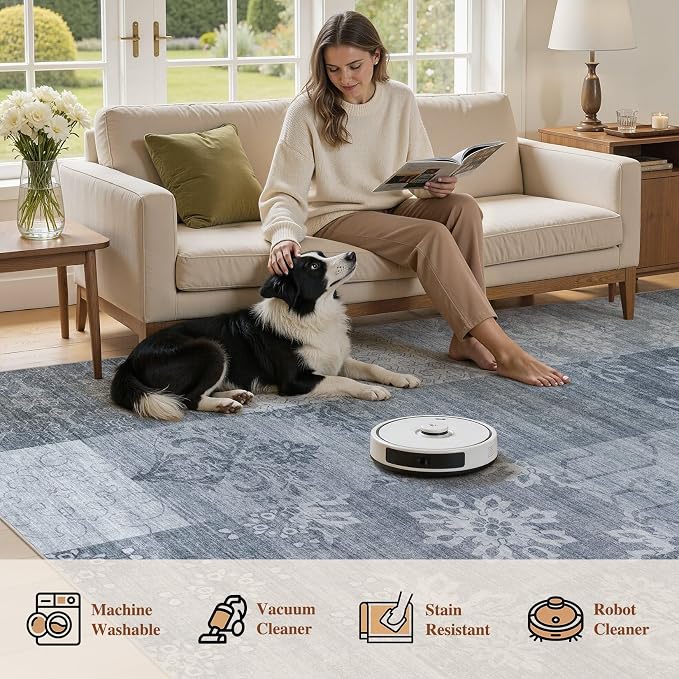 UERMEI 9x12 Area Rug for Living Room - Washable Vintage Carpet, Non-Slip Soft Large Indoor Floor Rugs for Bedroom Home Office & Under Dining Table Decor, Blue Block