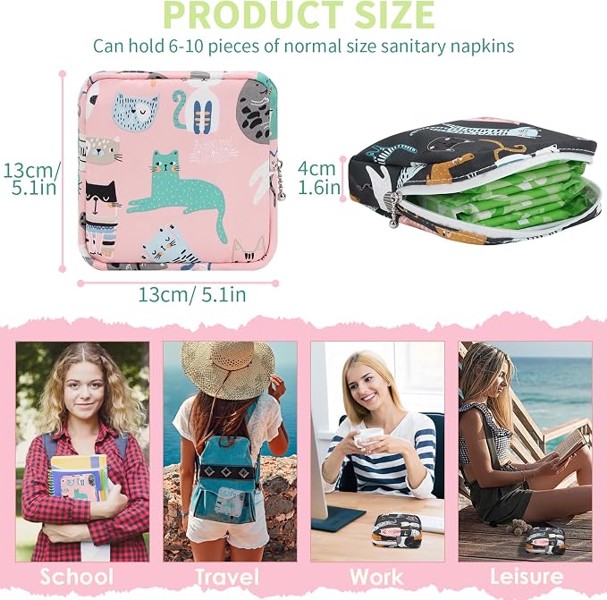 Period Bag Sanitary Napkin Storage Bag for Feminine Pads Panty Liners Tampons and Reusable Pads, Sanitary Pads Pouches First Period Kit for Teen Girls/Women 2 Pack (Pink/Grey Cat)
