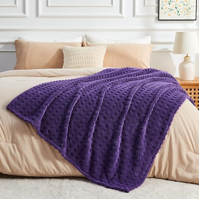 NEWCOSPLAY 3D Waffle Checkered Flannel Queen Blanket, Dark Purple, 90"x90" | Super Soft Cute Lightweight Decorative Premium Silky Fleece Blanket for Couch Sofa Bed, Gift for Women Men, All Season Use