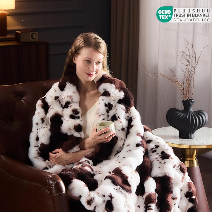 Faux Fur Throw Blanket for Couch, Fluffy Fuzzy Plush Bubble Blanket, Soft Warm Cozy Shaggy Rabbit Blanket, Luxury Decorative Gifts for Sofa Bedroom Living Room, 60x50inch (Cow Print-Brown)