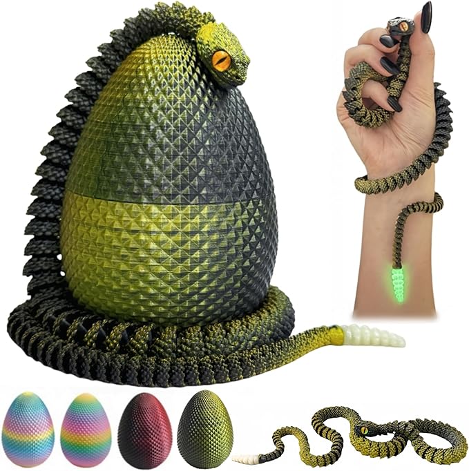 23" 3D Printed Snake with Egg - Flexible Snake with Luminous Tail, 3D Fake Snake Fidget Toys for Autism/ADHD, 3D Printed Animals Snake Toy for Kids & Adults (BlackGolden)